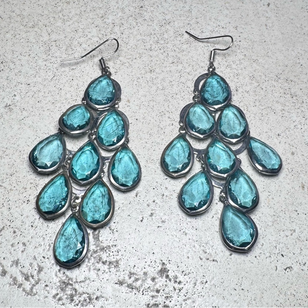 Aqua Blue Teardrop Glass Chandelier Earrings